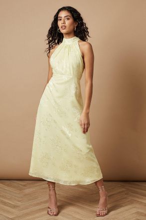 Oasis Womens Petite Plain Satin Burnout Halterneck Midi Dress - Yellow - Size 12 UK
