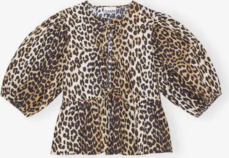 Ganni Mixed Leopard Cotton Poplin Peplum Tie Blouse - Size 32 Organic