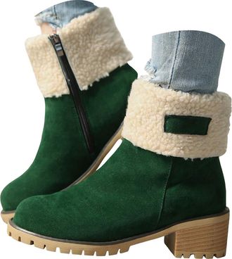 Generic Womens Winter Snow Boots - Non Slip, Waterproof, Warm Fur Lined, Suede Outdoor Ankle Boots with Chunky Heel & Side Zip (Green, 4.5)