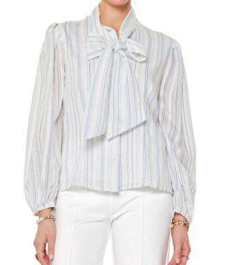 Current Air Womens Puffed Sleeve Tie Neck Shirt In White Blue Stripe