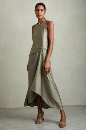 Reiss Womens Khaki Satin Drape Tuck Midi Dress, Size: 6