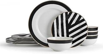 Mikasa Luxe Deco Vajilla De Porcelana De 12 Piezas, Servicio Para 4 Con Impresi&oacute;n Geom&eacute;trica, 4x Platos Llanos, 4x Platos De Postre & 4x Tazones - Apto Para 