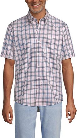 Lands End Short Sleeve No Iron Twill Shirt in Sea Salt Pink/navy Plaid at Nordstrom, Size Xx-Large