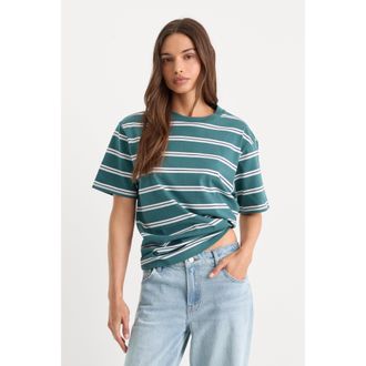 Good American Womens The OverSized T-Shirt | Harbor Stripe Deep Teal, Size Medium | Good American by Khlo&Egrave; Kardashian