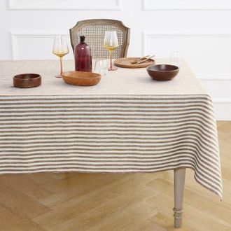 Solino Home Linen Tablecloth for Dining Table, Holiday and Everyday Dining Table Decor - Amalfi Stripe in Brown And Cream at Nordstrom, Size X-Small