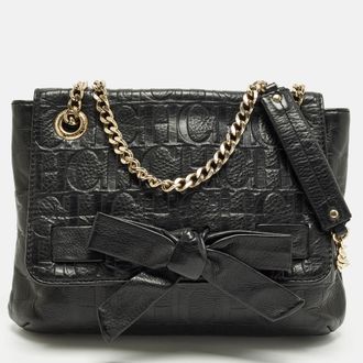 Carolina Herrera Audrey Bow Flap Black Monogram Embossed Leather Shoulder Bag