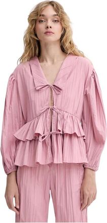 Stine Goya Pliss&eacute; Poly Ballonmouw Strik Top - Dames - Blouses - Roze - S - Polyester - Overhemden