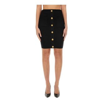 Balmain Short Skirts, female, Black, Size: S Buttoned Vichy Knit Knee Skirt