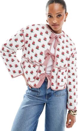 the frolic exclusive quilted bow tie front reversible jacket in cream floral and red stripe-Multi
