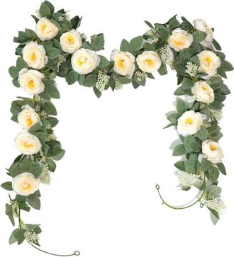 OEM Guirlande Rosier Grimpant - 4 M - Roses Champagne Et Feuilles Gris-vert - Pour Cl&ocirc;ture Mur Jardin - Lot De 2