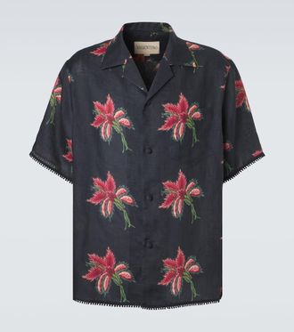 Valentino Floral lace-trimmed linen bowling shirt