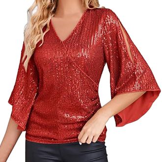 Generic Black Sequin Tops for Women UK, Tunic Tops Elegant Smart Ladies Blouses Originals 3/4 Sleeve Party Wear Slim Fit Sparkly Evening Tops V Neck Long Slee