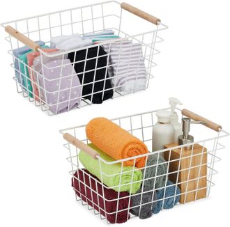 OEM Cesta De Almacenamiento Met&aacute;lica Relaxdays, Juego De 1, Asas De Madera, 16 X 31 X 21 Cm, Rectangular, Blanca