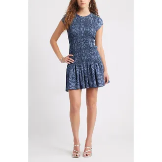 Chelsea28 Smocked Minidress in Navy- Blue Ornate Boho at Nordstrom Rack, Size X-Small