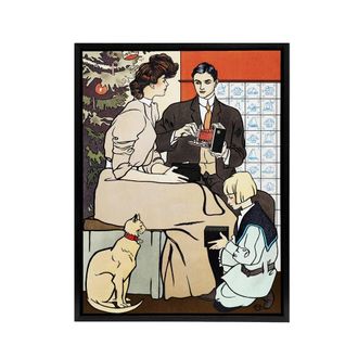 Artery8 Vintage Christmas Family Scene Framed Canvas Wall Art Print Penfield | Size: W24 x H32