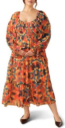 Flying Tomato Long Sleeve Clip Dot Chiffon Midi Dress in Rust Navy at Nordstrom Rack, Size 1 X