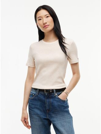 Tommy Hilfiger Womens Ribbed Contrast-Collar T-Shirt - Beige - XXL