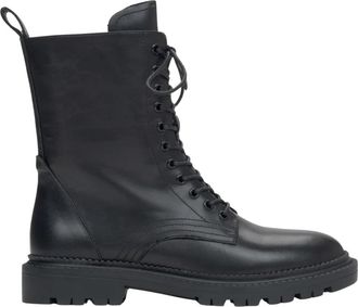 Estro & Luminara Zwarte leren enkellaarsjes met decoratieve vetersluiting - Dames - Veterlaarzen - Zwart - 37 EU - Leer - Schoenen