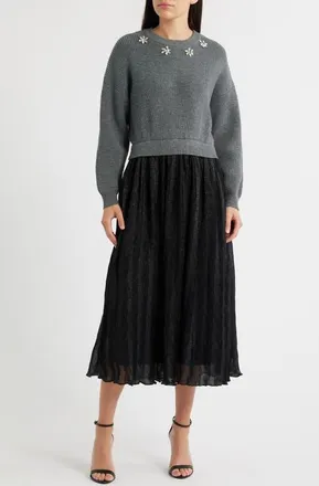 ZOE AND CLAIRE Mixed Media Embellished Long Sleeve Sweater Dress in Grey/Black at Nordstrom, Size X-Small