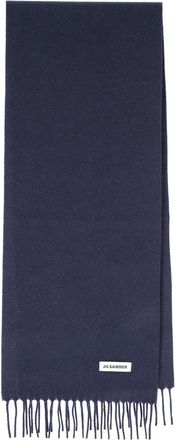 Jil Sander Rectangular Navy Blue Virgin Wool Scarf with Logo Patch
