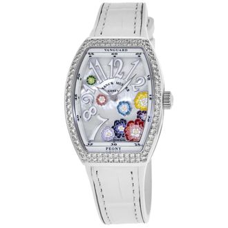 Franck Muller Vanguard Limited Edition Lady Peony Color Dreams 32mm Diamond Mother of Pearl Dial Leather Strap Womens Watch V 32 QZ MOP BC D 1R COL DRM AC BC