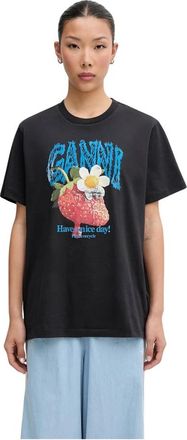Ganni Tops, Dames, Blauw, M, Katoen, T-shirt met aardbeienprint