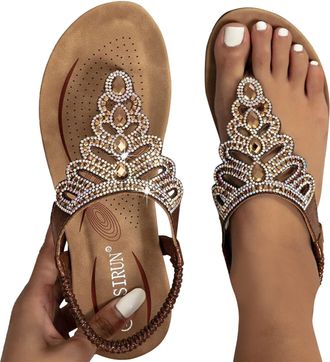 Generic Womens Flat Sandals Boho Summer Rhinestone Beach Flip Flops Sandals Fashion Holiday Beach Open Toe Footwear Summer Outdoor Sandals