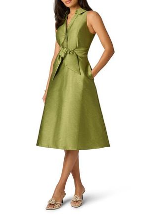 Adrianna Papell Sleeveless Tie Front Dupioni Midi Dress in Olive at Nordstrom, Size 18
