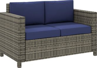 OUTSUNNY Rattan Wicker 2-seat Sofa Loveseat Padded Garden Furniture - Navy blue | TJ Hughes
