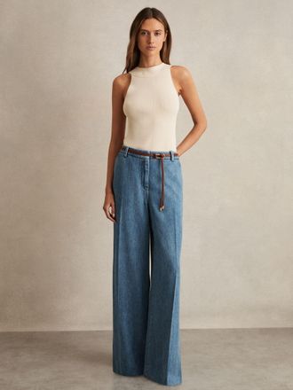 Reiss Mid Blue Denim-look Wide-leg Trousers, 12R