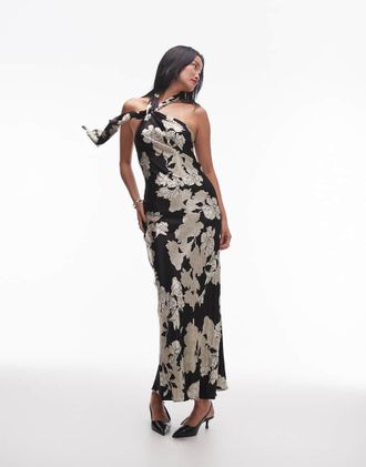 Topshop Vestito allacciato al collo nero a fiori color avorio-Bianco