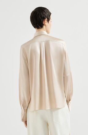 Brunello Cucinelli Stretch silk satin shirt in Sand at Nordstrom, Size X-Large Eu