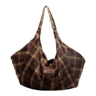 Generic Women Canvas Plaid Underarm Shoulder Bag Adjustable Strap for Daily Use(Brown) (Brown)