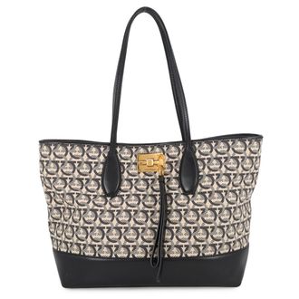 Ferragamo Beige Black Canvas Leather Handbag Pouch Tote Bag (Pre-Owned)