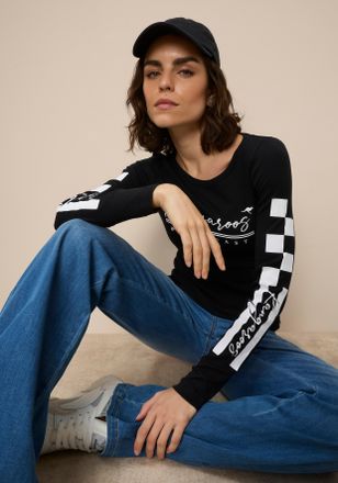 Kangaroos Langarmshirt KANGAROOS, Damen, Gr. 32/34, schwarz, Rippware, Obermaterial: 100% Baumwolle, bedruckt, unifarben mit Farbeinsatz, figurbetont h&uuml;ftbedeck