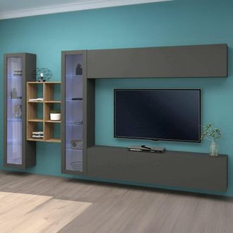 Dmora Pared Equipada Dcaprin, Conjunto De Sal&oacute;n Mueble Tv Con 4 Puertas, Mueble De Sal&oacute;n Polivalente, 100% Made In Italy, Cm 280x30h180, Antracita Y Arce - 