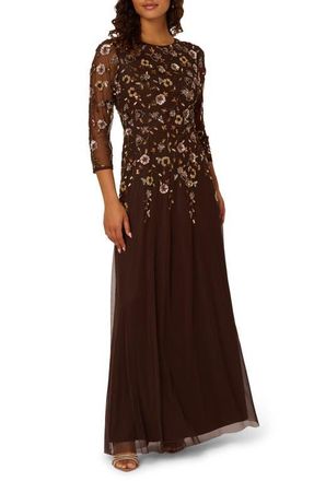 Adrianna Papell Beaded Mesh Gown in Chocolate at Nordstrom, Size 4
