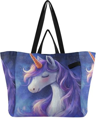 Generic Purple Unicorns print Reusable Canvas Tote Bag, Heavy Duty Grocery Shopping Bag with Double Handles Large Capacity Hard Bottom Work Groceries Travel