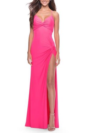 La Femme Soft Jersey Dress with Knot Detail on Bust and Hip in Neon Pink at Nordstrom, Size 12