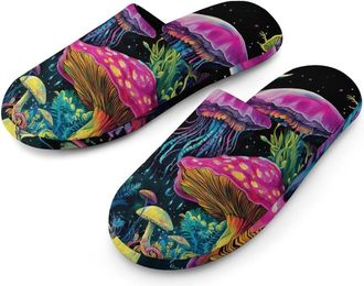 Generic Colorful Mushrooms And Jellyfish Moon Mens Cozy House Slippers Winter Warm Shoes with Anti-Slip Sole for Travel Indoor Outdoor