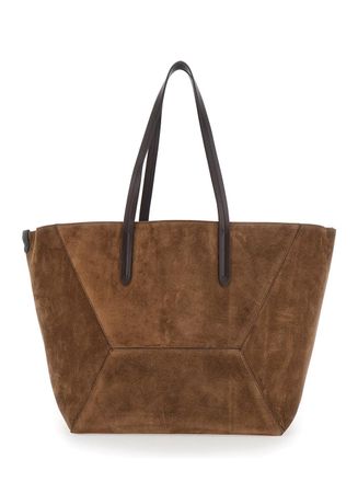Brunello Cucinelli Womens Tote Bag Duo Brown Suede Leather