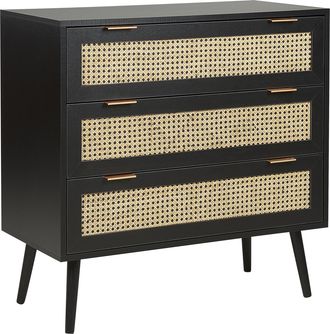 Beliani C&oacute;moda De Rat&aacute;n 3 Cajones Frontal De Mimbre Mdf Negro Patas De Madera De Caucho Aparador De Estilo Boho Sala De Estar Opoco