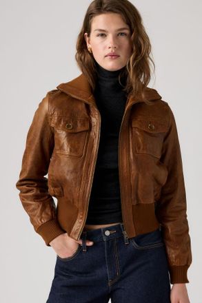 Levi's Kira Shrunken Leather Bomber Jacket - Mujer - XS - Marr&oacute;n / Neyo Sheep Distressed