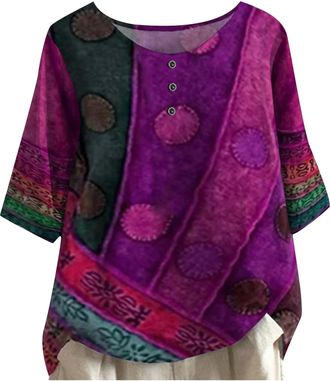 Generic Valarie - Colourful Bohemian Top, 3/4 Sleeve Crew Neck Floral Business Shirts Tops Womens Summer Vintage Loose Blouses (Purple,XL)