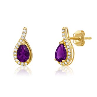 MAX + STONE 14k Yellow or White Gold Gemstone Pear Shape Drop Stud with Diamonds Accents