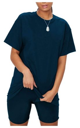 Janisramone Womens Ladies New Plain Baggy Longline T-Shirt PJ Dress Cycling Shorts 2 Pcs Set Summer Lounge Wear