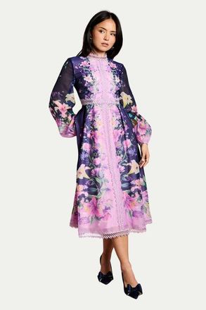 Coast Petite Organza Lace Trim Midi Dress in Navy at Nordstrom, Size 6P