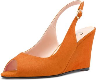 Castamere Women High Wedge Heel Peep Open Toe Sandals Slingback Slip-on Buckle Office Party Classic Shoes Orange 5.5 UK