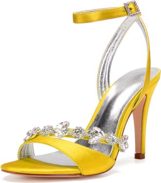 Generic Wedding Bridal Shoes Womens Heels Ankle Strap High Heels Prom Party Dress Heeled Open Toe Bridal Stiletto Sandals 10.5Cm,Yellow,9 UK