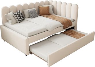 STILVORA Cama Nido 140 X 200 Cm Y 180 X 200 Cm De Terciopelo Con Dise&ntilde;o En Forma De L, Respaldo Tapizado, Sin Colch&oacute;n, Beige